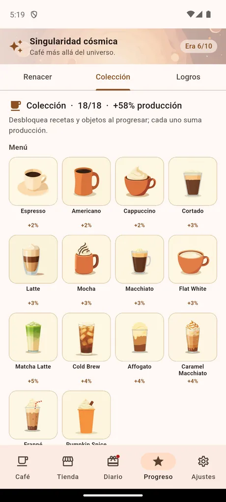 The Collection screen with the unlocked recipes.