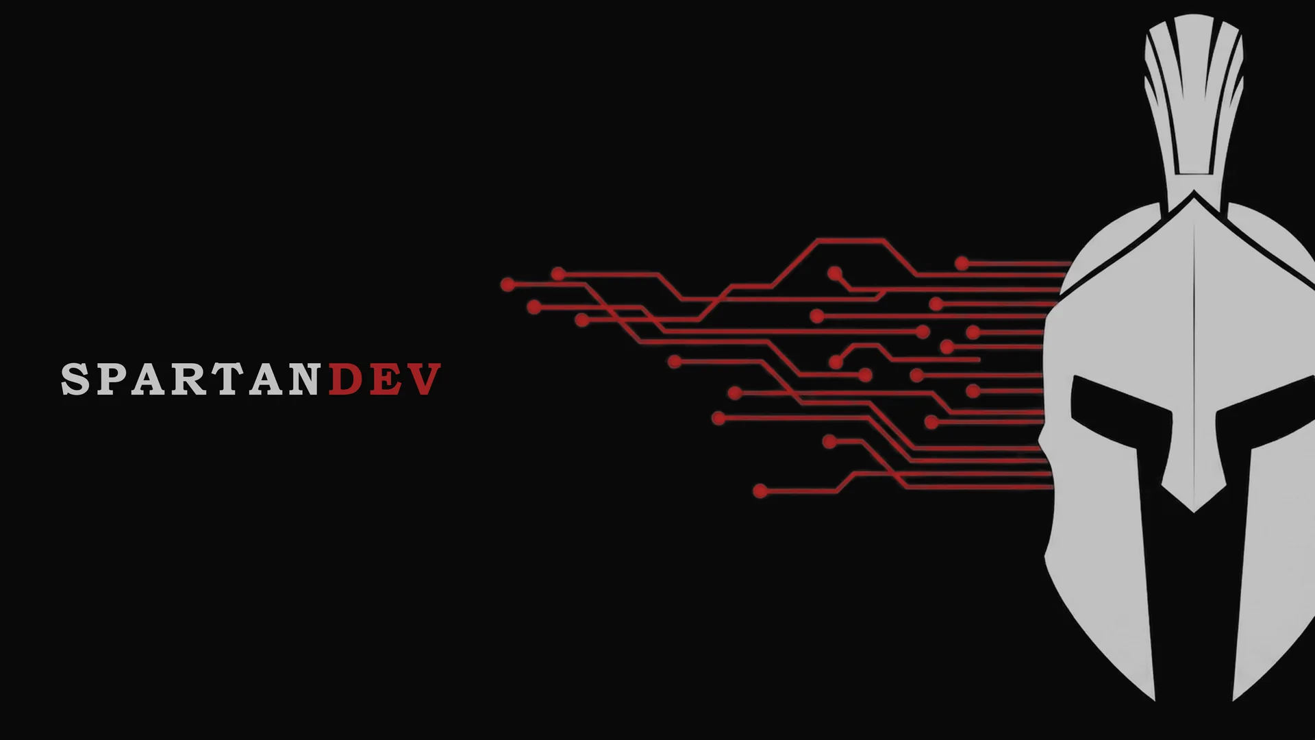 SPARTANDEV: a silver Spartan helmet with crimson circuit traces on black.