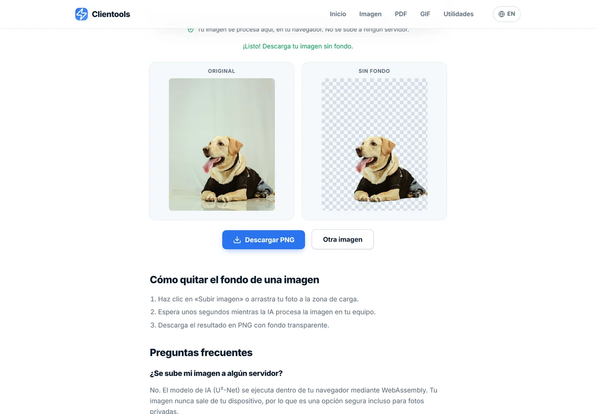 Clientools: resultado real de eliminar el fondo de una fotografía de un perro