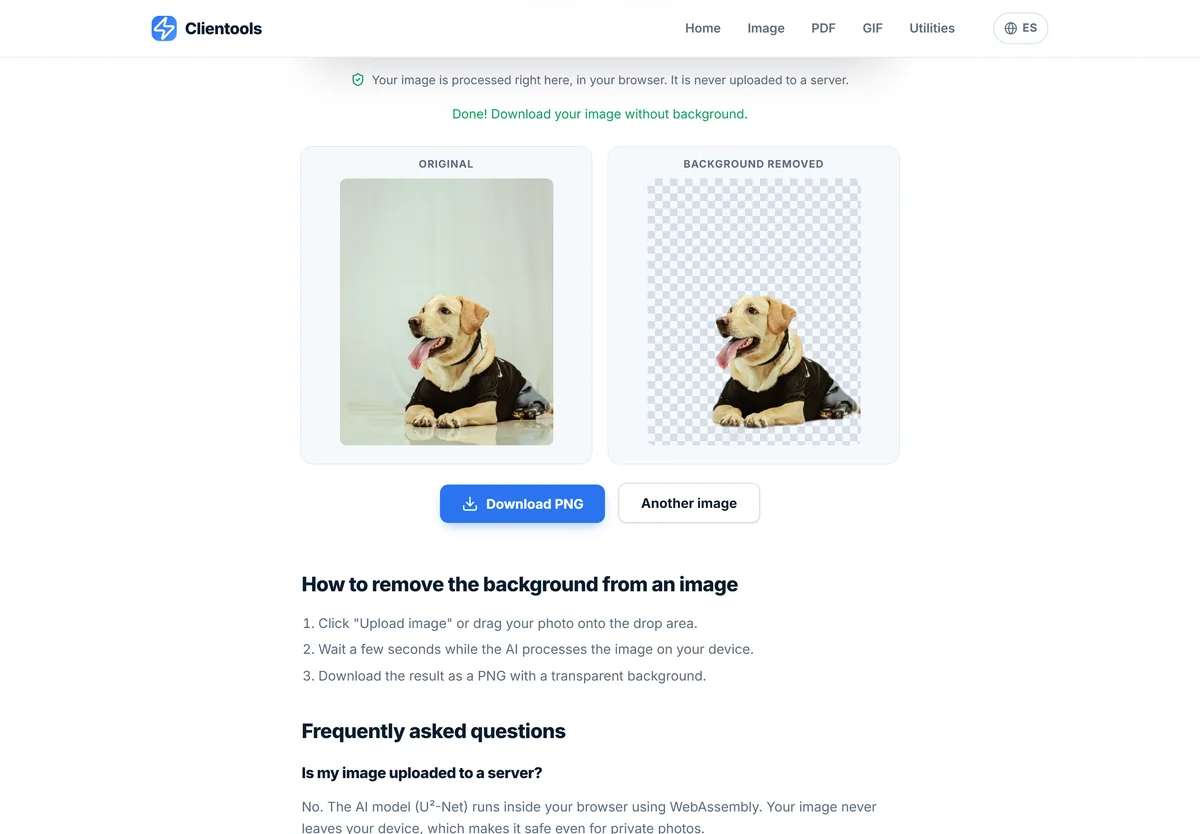 Clientools: a real result of removing the background from a photograph of a dog