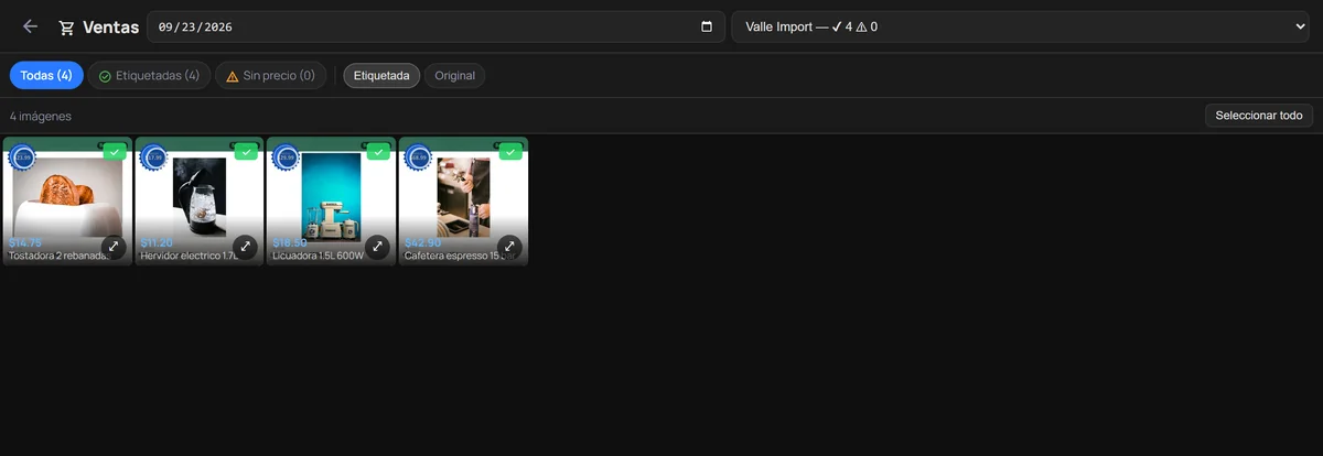 ReventaBot catalogue with four processed products and tagging filters